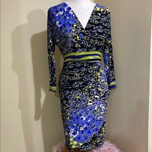 Nine West Blue Black Yellow Printed Long Sleeve Sheath Dress size Medium